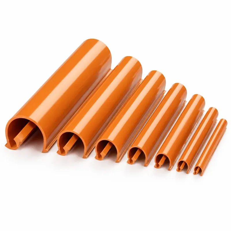 Orange custom PVC tubes and profiles arranged by size